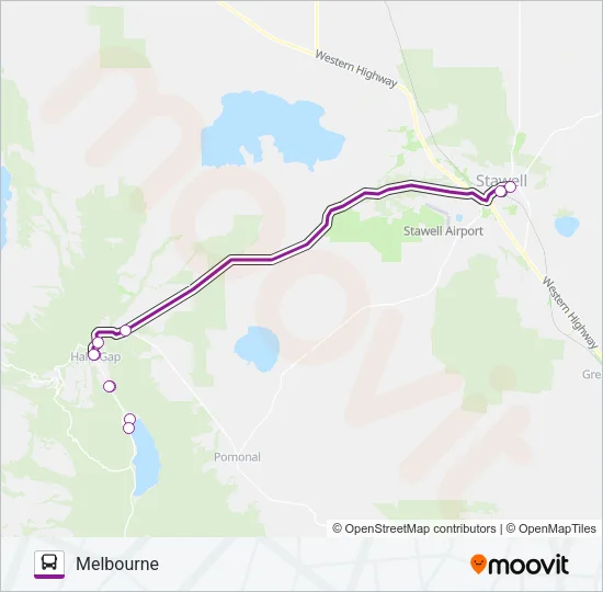 HALLS GAP - MELBOURNE VIA BALLARAT & STAWELL Bus Line Map