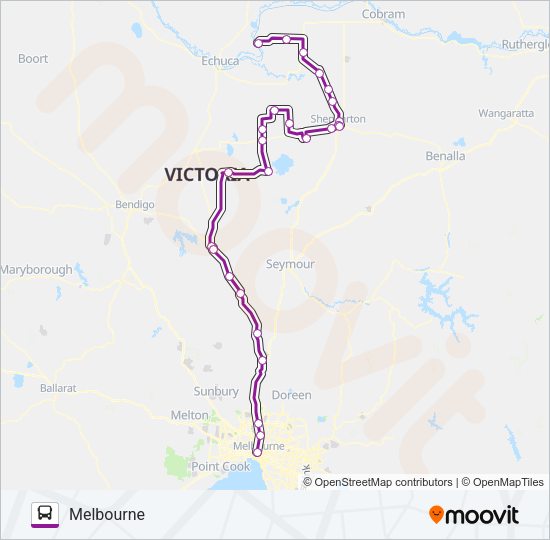 MELBOURNE - BARMAH VIA SHEPPARTON & HEATHCOTE Bus Line Map