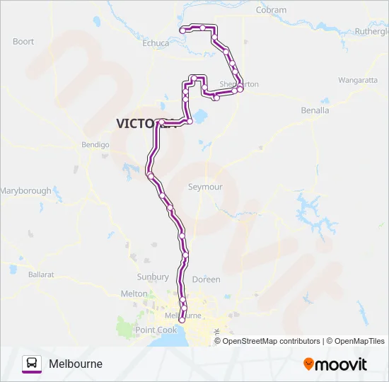 MELBOURNE - BARMAH VIA SHEPPARTON & HEATHCOTE Bus Line Map
