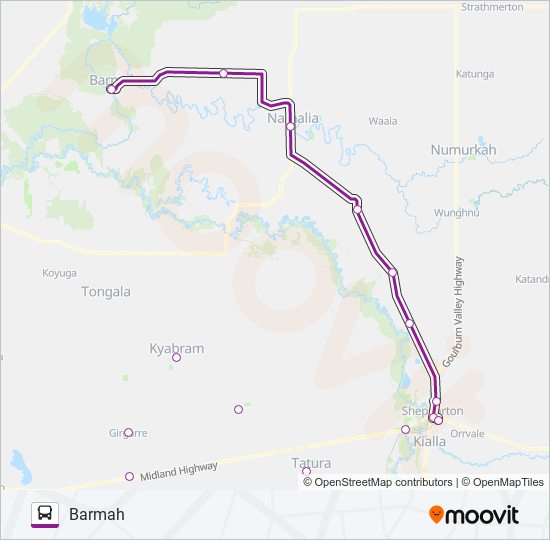 MELBOURNE - BARMAH VIA SHEPPARTON & HEATHCOTE bus Line Map