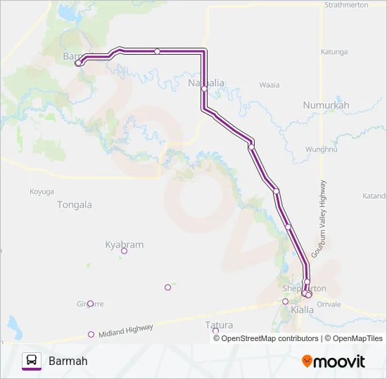 MELBOURNE - BARMAH VIA SHEPPARTON & HEATHCOTE Bus Line Map