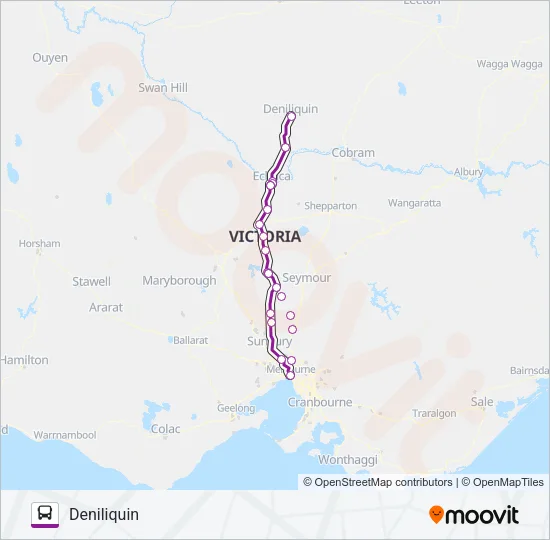 MELBOURNE - DENILIQUIN VIA ECHUCA & HEATHCOTE Bus Line Map