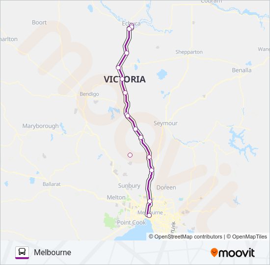 MELBOURNE - DENILIQUIN VIA ECHUCA & HEATHCOTE Bus Line Map