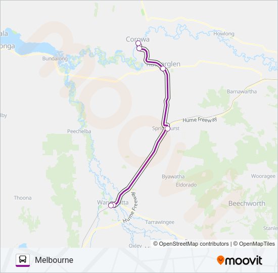 MELBOURNE - COROWA VIA RUTHERGLEN & WANGARATTA Bus Line Map