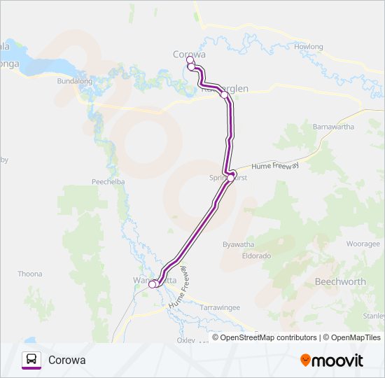 MELBOURNE - COROWA VIA RUTHERGLEN & WANGARATTA bus Line Map