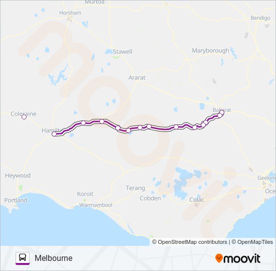 MT GAMBIER - MELBOURNE VIA BALLARAT & HAMILTON bus Line Map