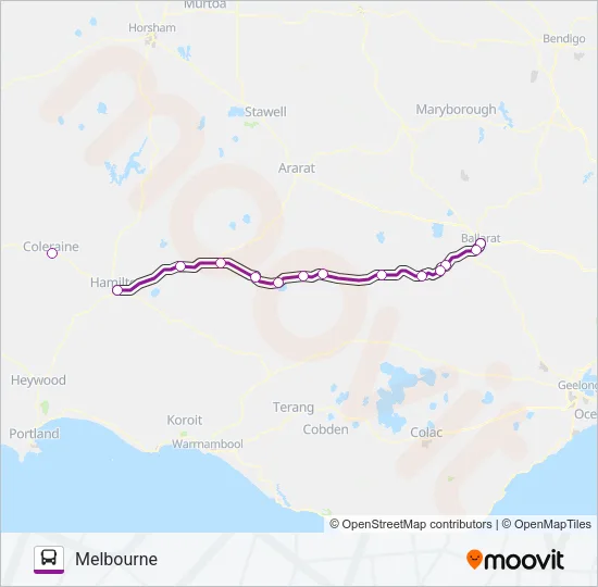 MT GAMBIER - MELBOURNE VIA BALLARAT & HAMILTON Bus Line Map
