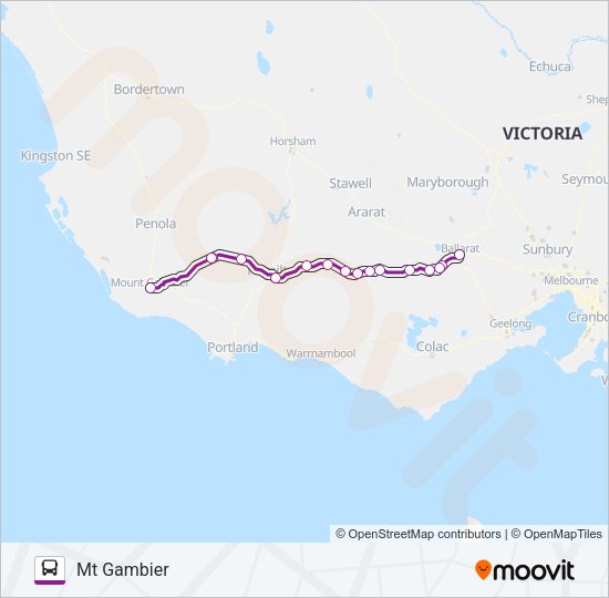 MT GAMBIER - MELBOURNE VIA BALLARAT & HAMILTON Bus Line Map