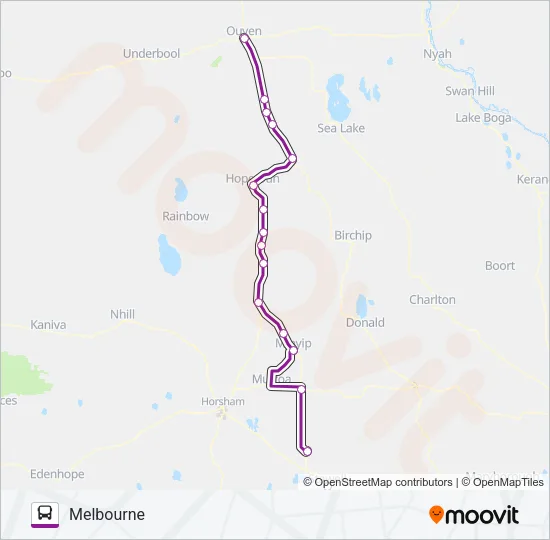 OUYEN - MELBOURNE VIA BALLARAT & WARRACKNABEAL Bus Line Map