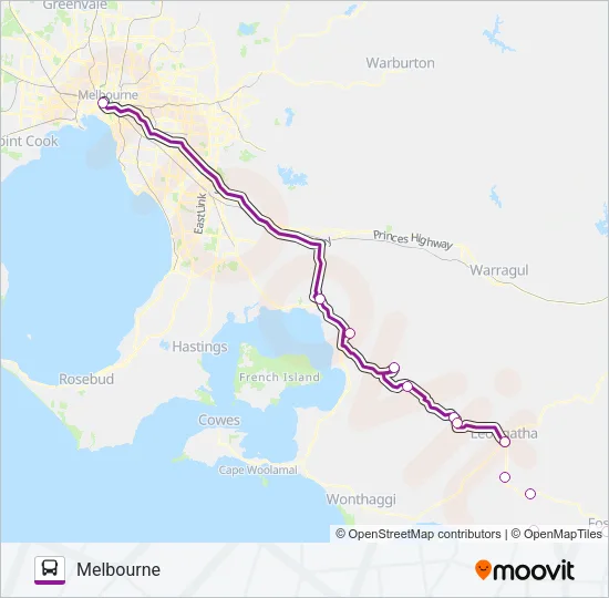 YARRAM - MELBOURNE VIA KOO WEE RUP & LEONGATHA Bus Line Map