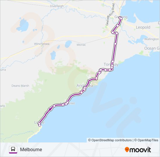 Mapa de WARRNAMBOOL - MELBOURNE VIA GEELONG & APOLLO BAY de autobús