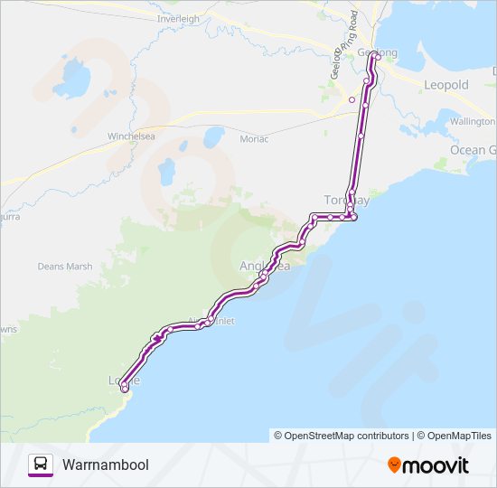 WARRNAMBOOL - MELBOURNE VIA GEELONG & APOLLO BAY bus Line Map