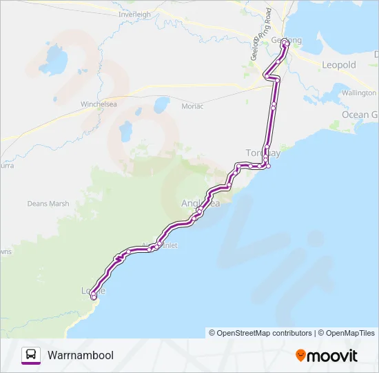 WARRNAMBOOL - MELBOURNE VIA GEELONG & APOLLO BAY Bus Line Map