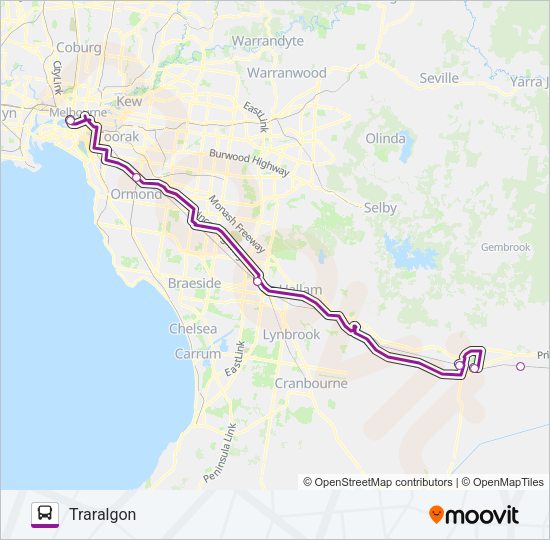 TRARALGON - MELBOURNE VIA PAKENHAM, MOE & MORWELL Bus Line Map