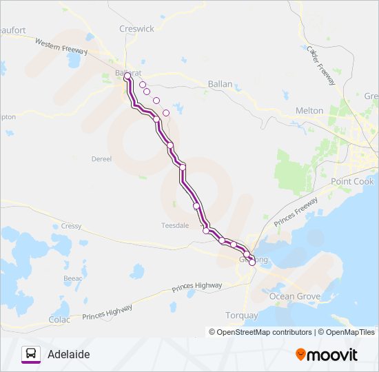 Mapa de ADELAIDE - MELBOURNE VIA GEELONG, BALLARAT, HORSHAM de autobús