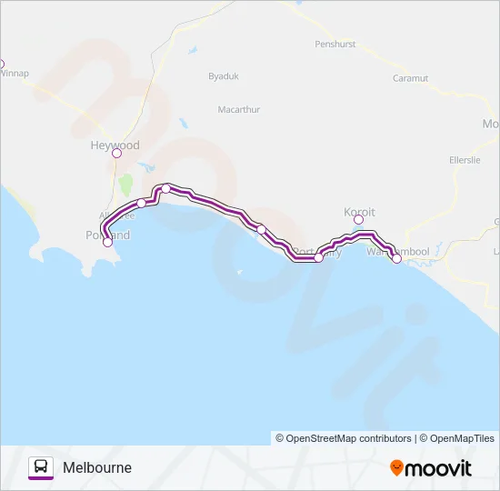 MOUNT GAMBIER - MELBOURNE VIA GEELONG & WARRNAMBOOL Bus Line Map