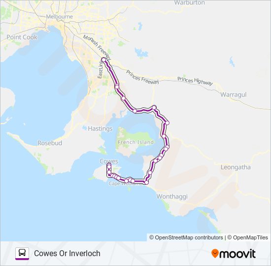 Mapa de COWES OR INVERLOCH - MELBOURNE VIA DANDENONG & KOO WEE RUP de autobús