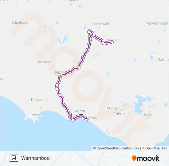 WARRNAMBOOL - MELBOURNE VIA ARARAT & HAMILTON Bus Line Map
