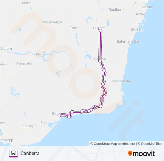 CANBERRA - MELBOURNE VIA BAIRNSDALE bus Line Map