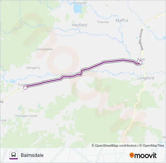 BAIRNSDALE VIA TRARALGON & SALE Bus Line Map
