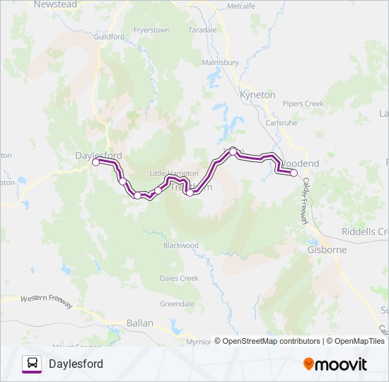 MELBOURNE - DAYLESFORD VIA WOODEND OR CASTLEMAINE bus Line Map