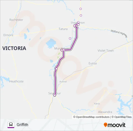 MELBOURNE - GRIFFITH VIA SHEPPARTON Bus Line Map