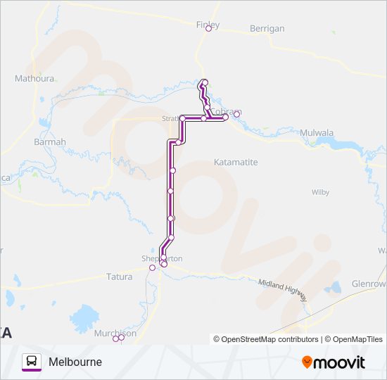 MELBOURNE - GRIFFITH VIA SHEPPARTON Bus Line Map