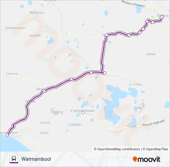 WARRNAMBOOL - BALLARAT VIA SKIPTON Bus Line Map