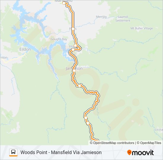 WOODS POINT - MANSFIELD VIA JAMIESON Bus Line Map