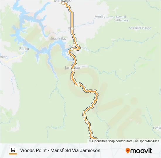 WOODS POINT - MANSFIELD VIA JAMIESON Bus Line Map