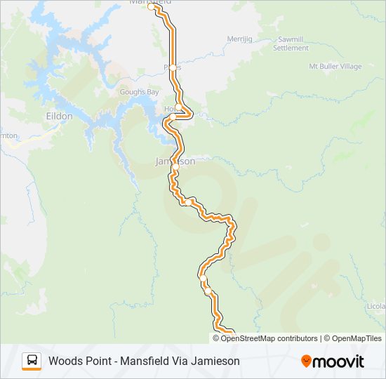 WOODS POINT - MANSFIELD VIA JAMIESON bus Line Map