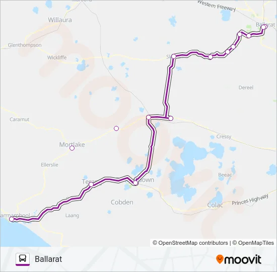 BALLARAT - WARRNAMBOOL VIA SKIPTON Bus Line Map