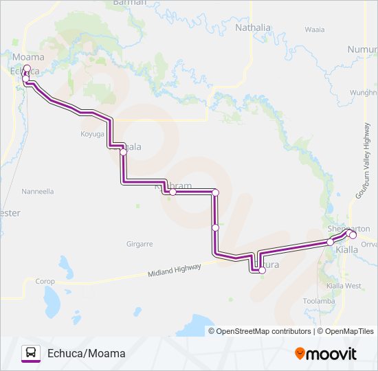 ECHUCA/MOAMA - MELBOURNE VIA SHEPPARTON bus Line Map