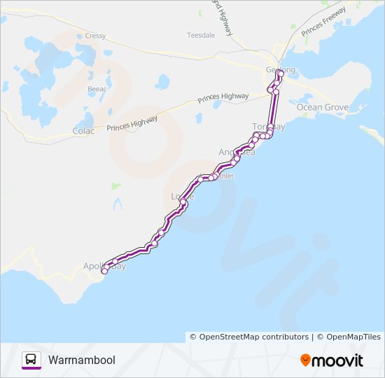 Map Of Apollo Bay Warrnambool Melbourne Via Apollo Bay Geelong Route: Schedules, Stops & Maps  - Warrnambool (Updated)