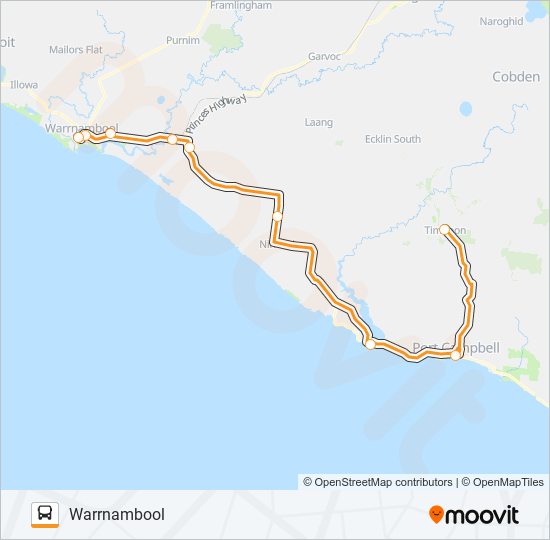 Mapa de TIMBOON - WARRNAMBOOL VIA PORT CAMPBELL de autobús