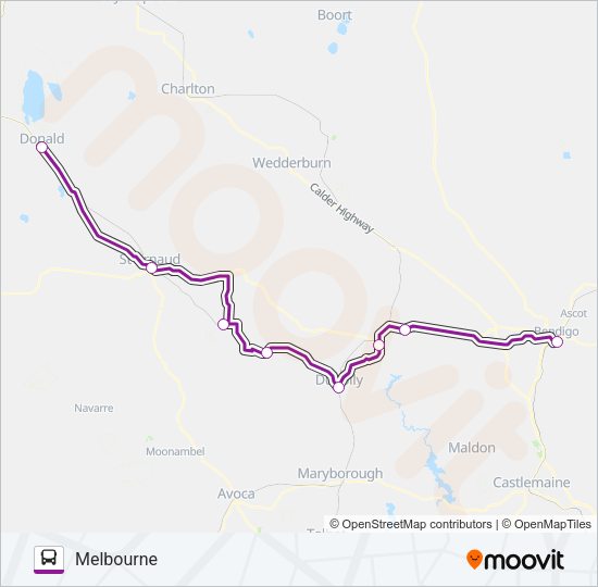 MELBOURNE - DONALD VIA BENDIGO Bus Line Map