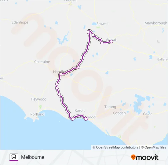 MELBOURNE - WARRNAMBOOL VIA ARARAT & HAMILTON Bus Line Map