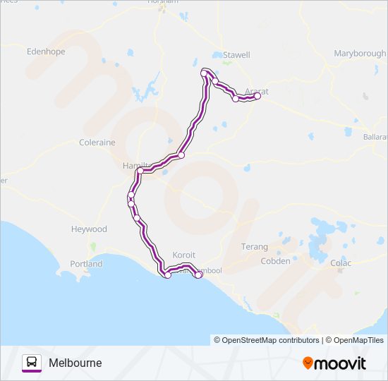 MELBOURNE - WARRNAMBOOL VIA ARARAT & HAMILTON bus Line Map