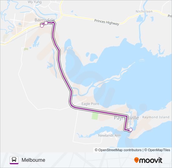 Mapa de MELBOURNE - PAYNESVILLE VIA BAIRNSDALE de autobús