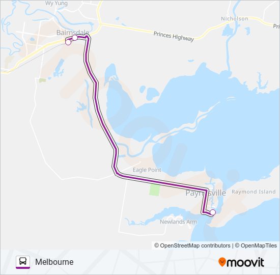 MELBOURNE - PAYNESVILLE VIA BAIRNSDALE bus Line Map