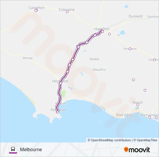 PORTLAND - MELBOURNE VIA WARRNAMBOOL & HAMILTON & CASTERTON Bus Line Map