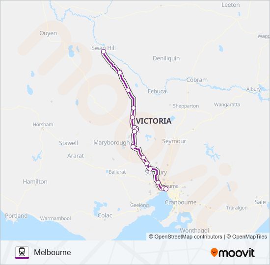 SWAN HILL - MELBOURNE VIA BENDIGO train Line Map