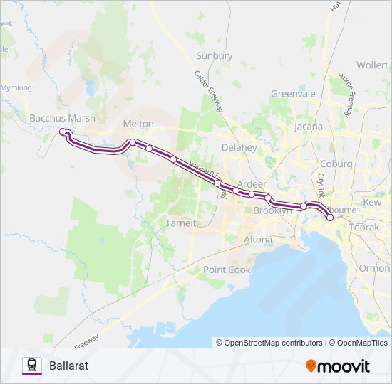 BALLARAT-WENDOUREE - MELBOURNE VIA MELTON train Line Map