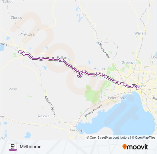 BALLARAT-WENDOUREE - MELBOURNE VIA MELTON Train Line Map
