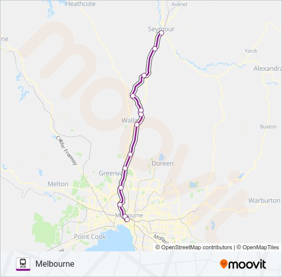 MELBOURNE - SEYMOUR VIA BROADMEADOWS Train Line Map