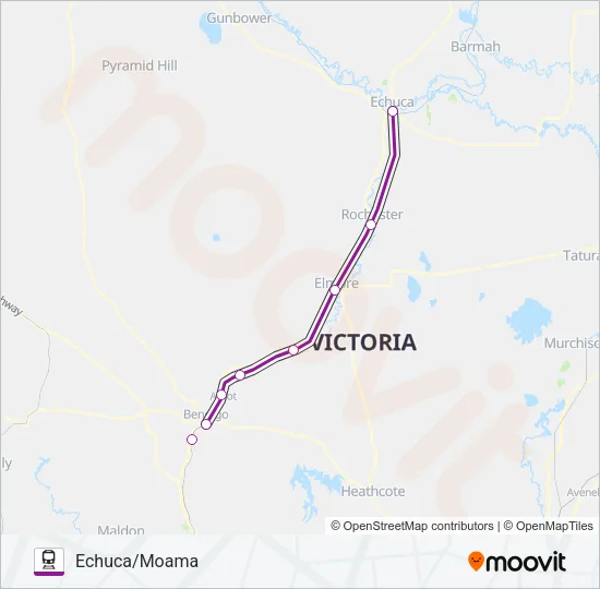 ECHUCA/MOAMA - MELBOURNE VIA BENDIGO OR HEATHCOTE  Line Map