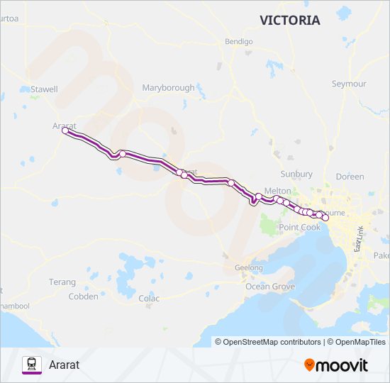 ARARAT - MELBOURNE VIA BALLARAT train Line Map