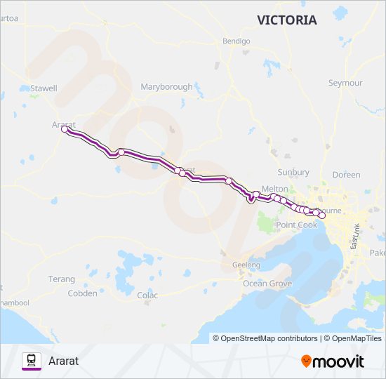 ARARAT - MELBOURNE VIA BALLARAT Train Line Map