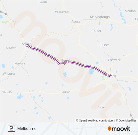 ARARAT - MELBOURNE VIA BALLARAT Train Line Map