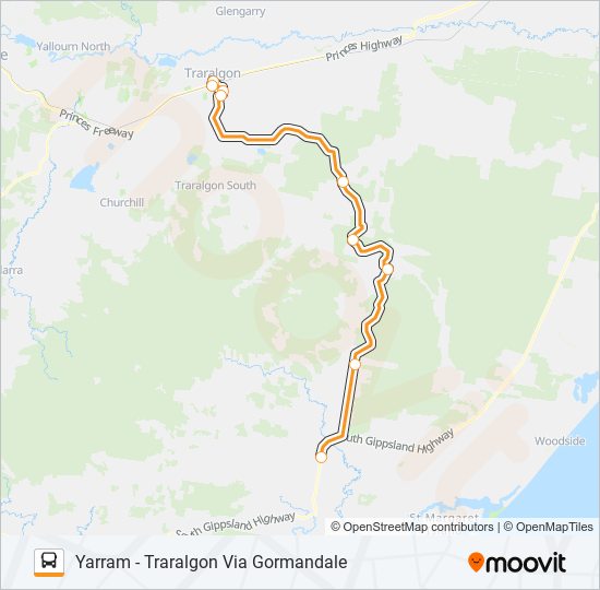 Mapa de YARRAM - TRARALGON VIA GORMANDALE de autobús
